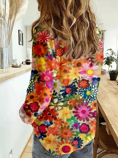 Cross-border European and American foreign trade full-print floral print long-sleeve casual vacation women's plus-size shirt for women
