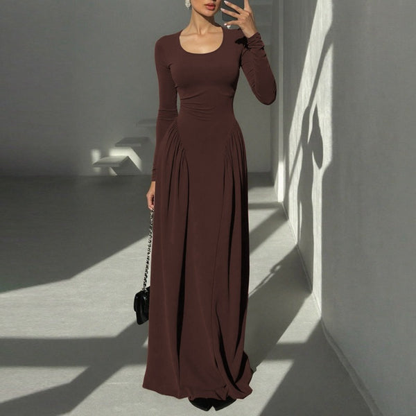 Cross-border autumn and winter new European and American clothing French elegant temperament solid color U-neck waist strap long-sleeved dress