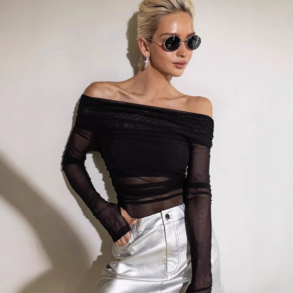 Foreign trade wholesale Amazon European and American women's autumn and winter new products one-line collar sexy see-through mesh splicing long sleeve T-shirt