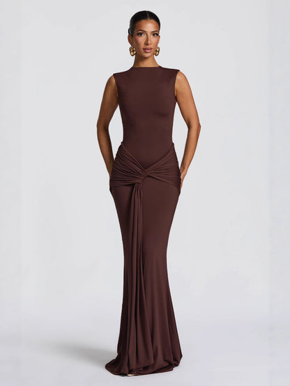 Foreign trade autumn new European and beautiful fashion crew neck sexy open back sleeveless streamer slim fit hip wrap dress for women