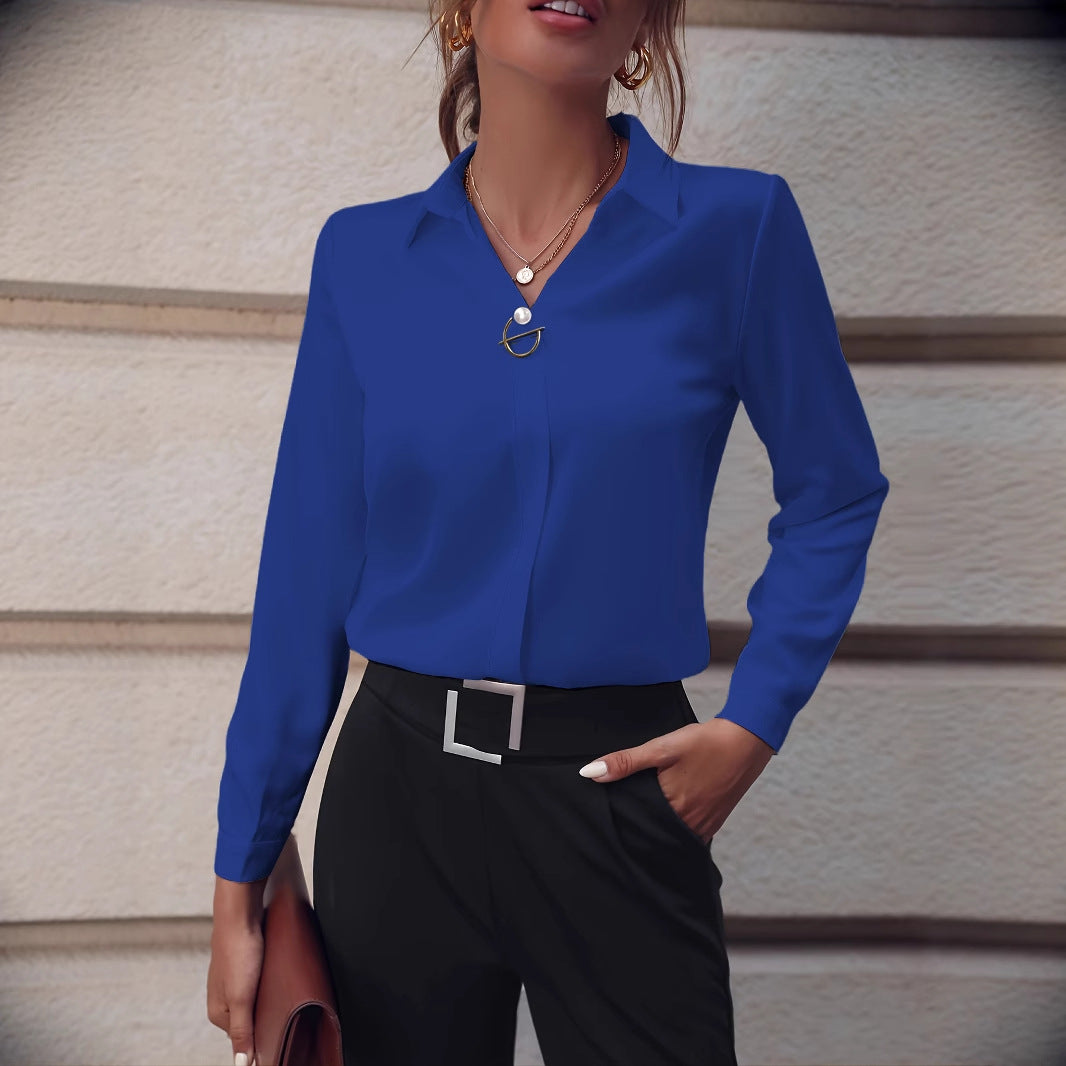 European and American commuter women's shirts are versatile and simple, Amazon solid color shirts, long sleeves, mid-length shirts