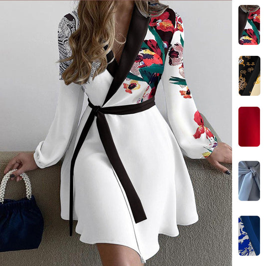 2026 spring new European and American clothing foreign trade temperament elegant one-piece color-blocking lace-up dress