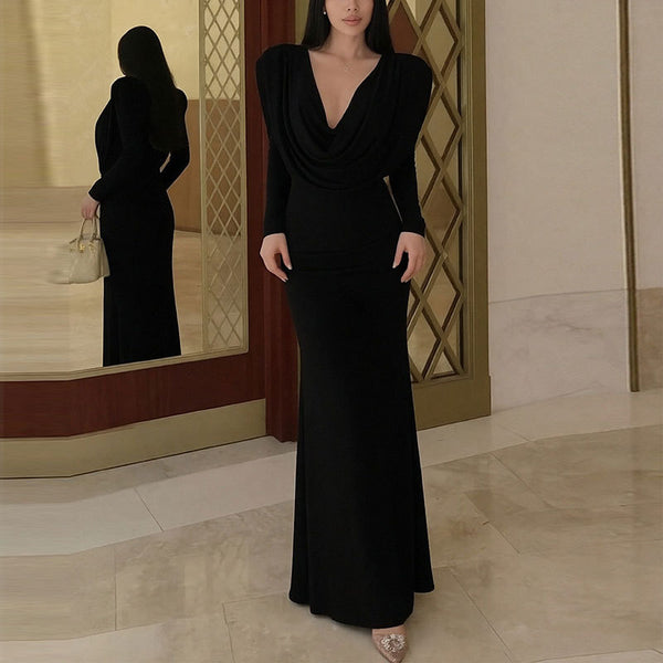 2026 spring new European and American cross-border women's dress slim elegant dress temperament commuter solid color V-neck dress