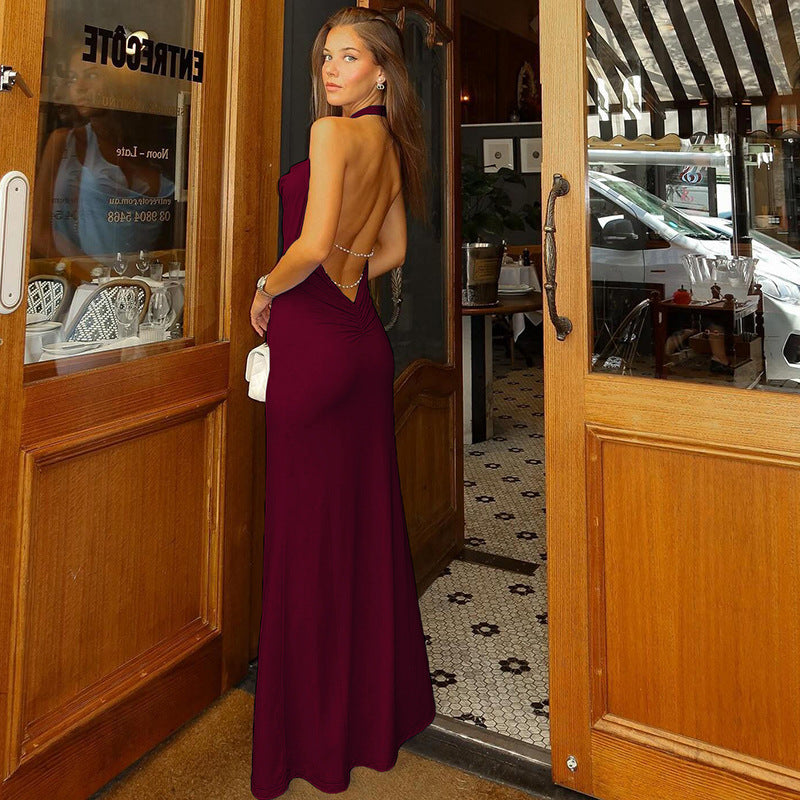 Cross-border European and American women's clothing 2025 spring new products solid color sexy backless long slim halterneck slip dress women