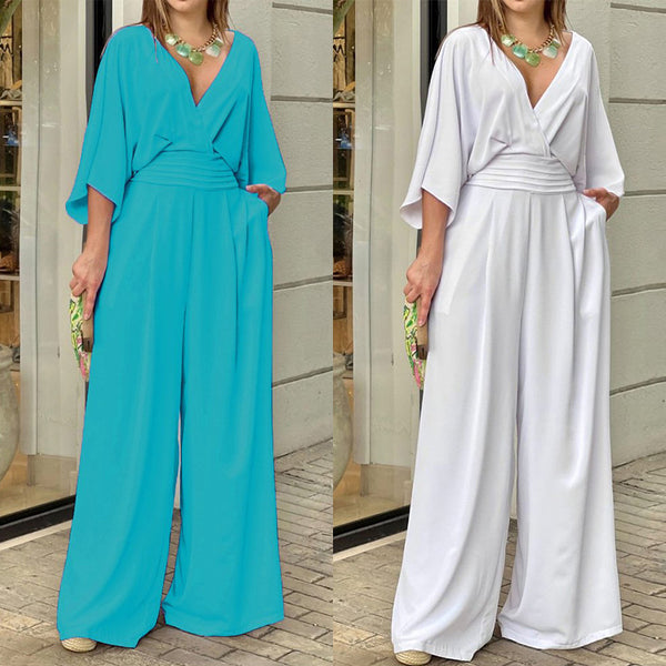 Amazon Spring 2026 Elegant Clothing Women's Fashion Solid Color Ins Short Sleeve Casual V-Neck European and American Style Jumpsuit | Ciaura