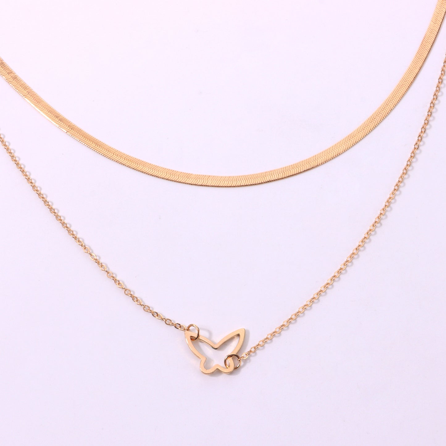 European and American cross-border jewelry, personalized double-layer hollow butterfly pendant necklace, women's trendy fashion snake bone chain necklace