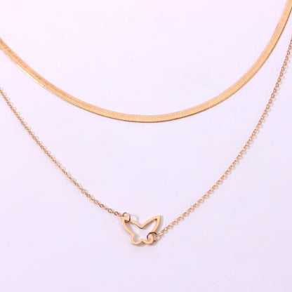 European and American cross-border jewelry, personalized double-layer hollow butterfly pendant necklace, women's trendy fashion snake bone chain necklace