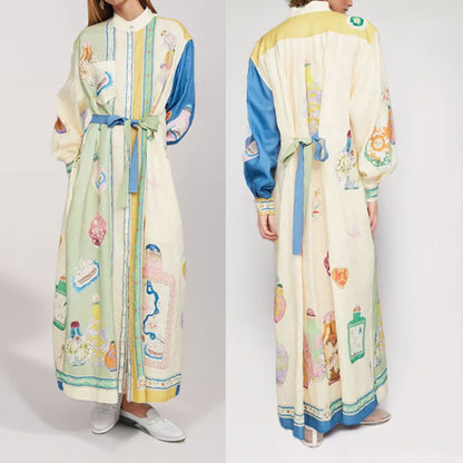 Cross-border 2025 new European and American clothing vintage lantern long sleeve graffiti print waist cinched waist vacation European and American dress women