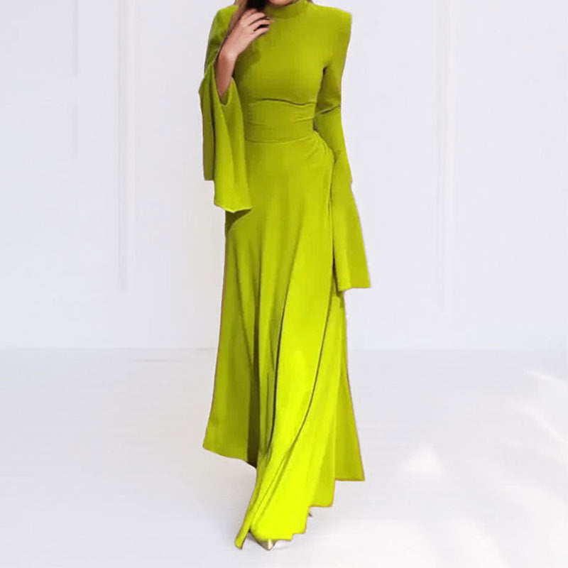Cross-border European and American women's clothing 2025 New Year new temperament elegant solid color semi-high neck ruffled sleeve dress dress