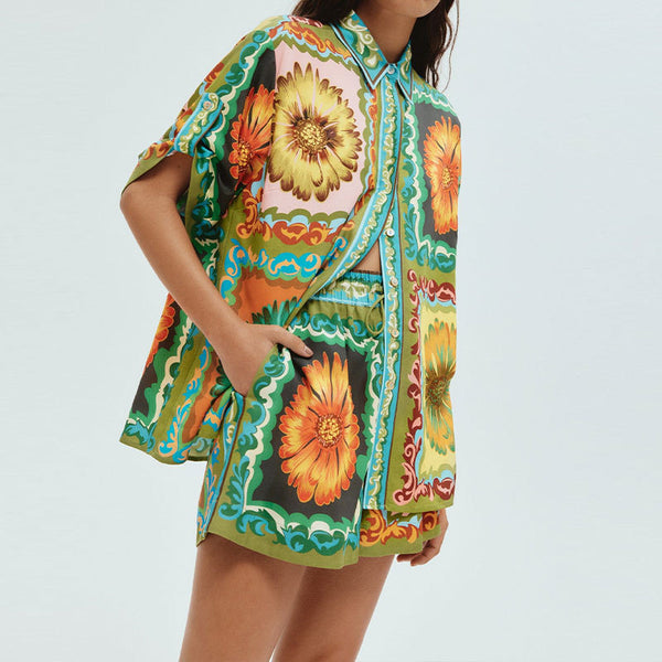 Cross-border spring 2026 new European and American clothing suits fashion printed lapels short-sleeved shirts and shorts casual suits
