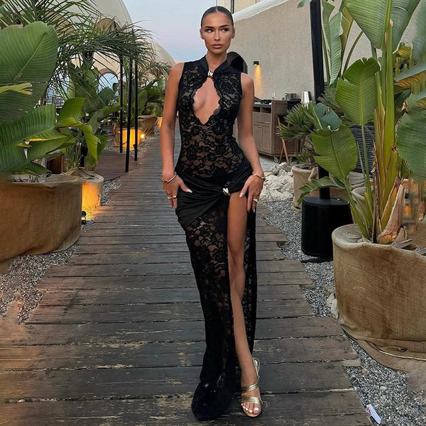 Cross-border hot selling women's clothing 2025 summer new sexy lace cut-out high slit sleeveless slim hip wrap dress