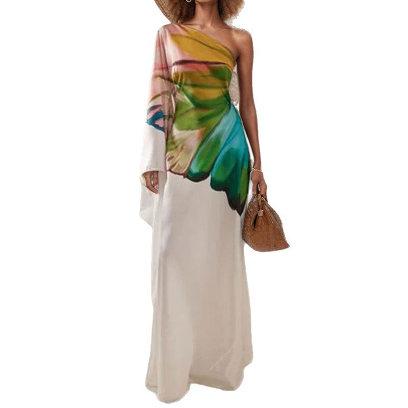 Primavera 2026: Nova coleção transfronteiriça de roupa de beleza europeia, elegante e com estampado grego, vestido comprido com racha e um ombro só.