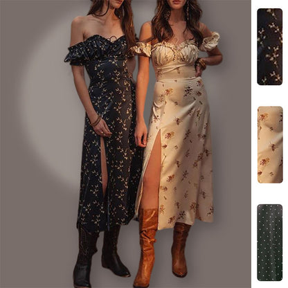 Spring 2026 new European and American cross-border women's clothing sexy and elegant slit fashion one-shoulder floral dress