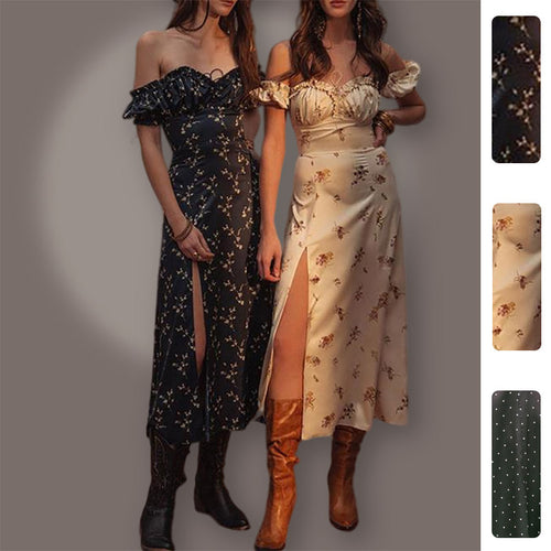 2026 spring new European and American cross-border women's clothing wish temperament commuting high slit fungus edge floral dress