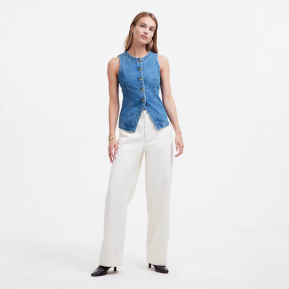 2025 summer new European and American cross-border foreign trade sleeveless slim slim denim vest women's crew neck shoulder vest