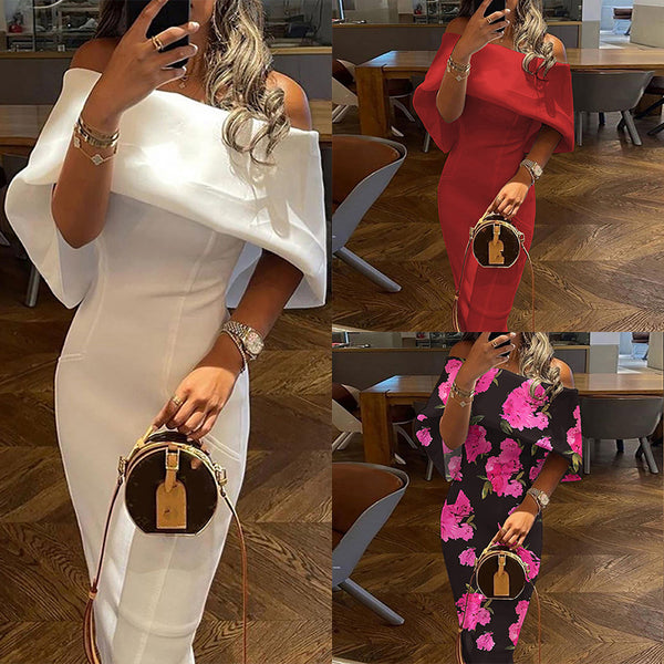 2026 New Independent Station European Beauty Clothing Slanted Shoulder Print Sexy Hip Skirt Slim Temperament Dress Women's 661