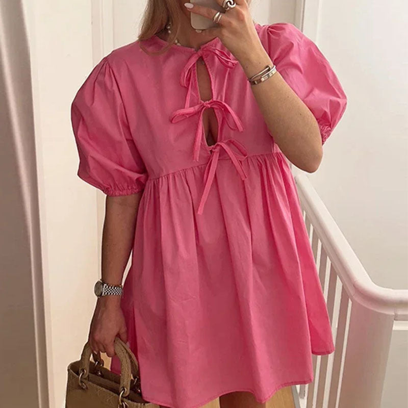 2025 Cross-border European and American Summer Women's Fashion Lace-up Leopard Print Crew Neck Loose Short Skirt Casual Dress Women 661