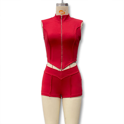 Cross-border spring and summer new European and American women's solid color lapel zipper slim crop top high waist tight shorts set