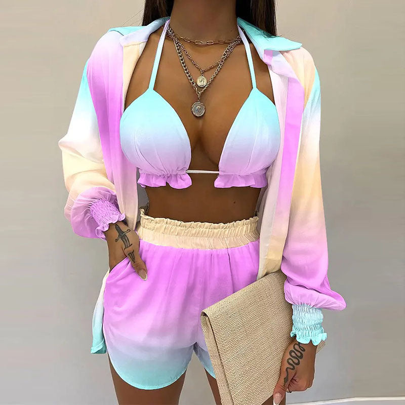 2026 Amazon AliExpress independent station new sexy European and beautiful solid color shorts fashion three-piece set