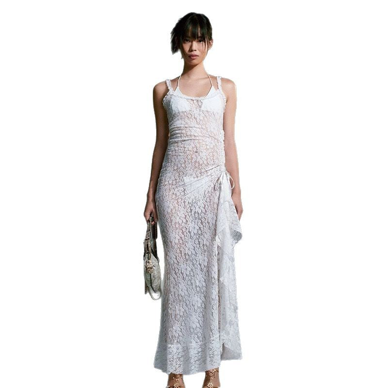 Amazon European and American Fashion 2025 Spring/Summer New Spice Girl Style Sexy Lace Cut-Through Sheer Suspender Dress for Women