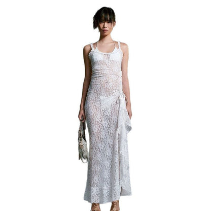 Amazon European and American Fashion 2025 Spring/Summer New Spice Girl Style Sexy Lace Cut-Through Sheer Suspender Dress for Women