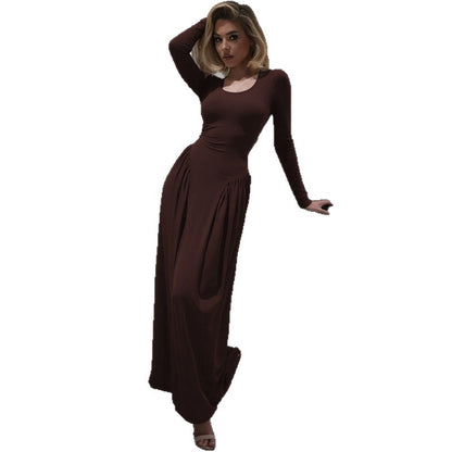 Cross-border autumn and winter new European and American clothing French elegant temperament solid color U-neck waist strap long-sleeved dress