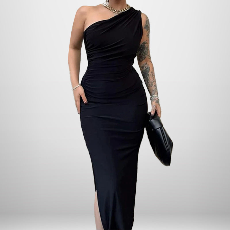 European and American style cross-border 2025 new slanted shoulder solid color slit sleeveless pure desire sexy temperament slim dress