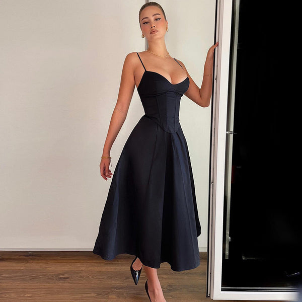 Cross-border Amazon European and American women's autumn and winter new temperament solid color fishbone waist sexy suspender swing dress