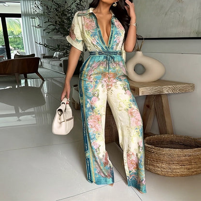2025 new cross-border Amazon European and American fashion elegant style long short-sleeved printed jumpsuit
