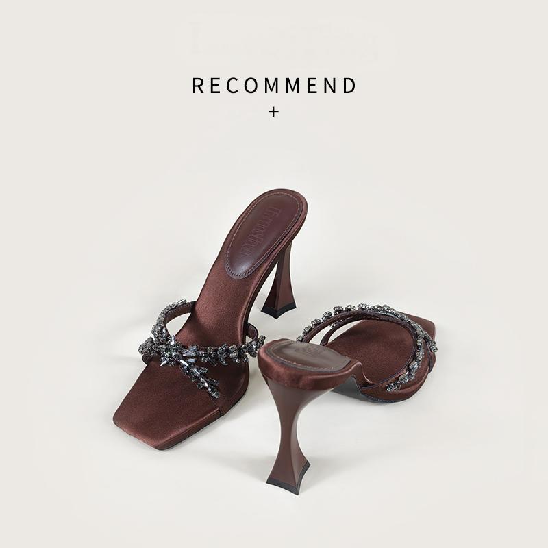 2026 summer European and American silk satin thin heel cross rhinestone square toe open toe slippers high heel slippers fashionable and sexy style