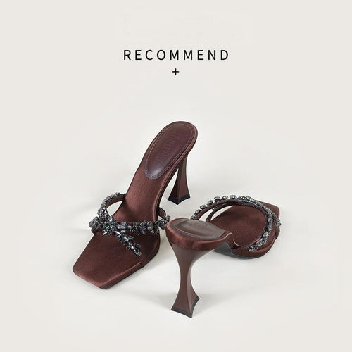 2026 summer European and American silk satin thin heel cross rhinestone square toe open toe slippers high heel slippers fashionable and sexy style