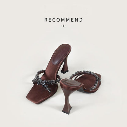 2026 summer European and American silk satin thin heel cross rhinestone square toe open toe slippers high heel slippers fashionable and sexy style