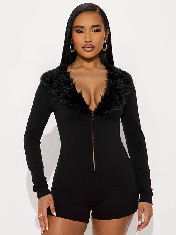 Cross-border autumn and winter new European and American clothing solid color sexy deep V imitation fur collar long sleeve slim hip jumpsuit for women | Ciaura
