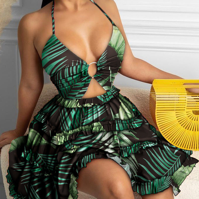 European and American women's clothing foreign trade 2026 Amazon cut-out strap V-neck temperament halter print suspender European and American dress