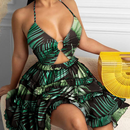 European and American women's clothing foreign trade 2026 Amazon cut-out strap V-neck temperament halter print suspender European and American dress