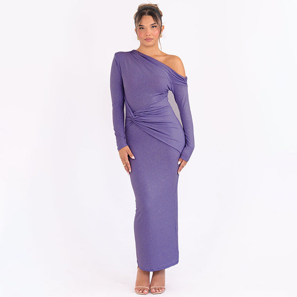 Cross-border autumn new products sexy slanted collar slim hip long skirt European and American women's solid color pleated long sleeve dress women | Ciaura