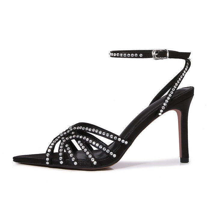 WO Huizhou Black Stiletto Heel Pointed Sandals Silk Satin Open Toe Fashion Versatile Style Women's Shoes 2026 Summer New Style