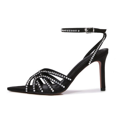 WO Huizhou Black Stiletto Heel Pointed Sandals Silk Satin Open Toe Fashion Versatile Style Women's Shoes 2026 Summer New Style