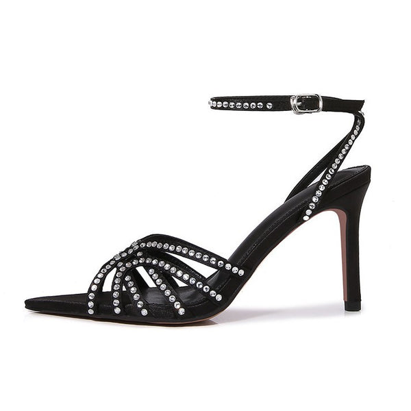 WO Huizhou Black Stiletto Heel Pointed Sandals Silk Satin Open Toe Fashion Versatile Style Women's Shoes 2026 Summer New Style