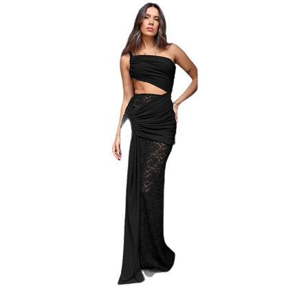 Cross-border wholesale 2025 summer new European and American hot girl style chest wrap waist streamer sexy lace dress