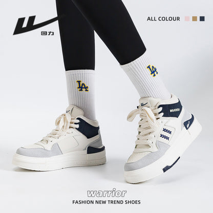 Pull-back color-blocking high-top platform shoes, American preppy style, high-value board shoes, women's leg-length design casual shoes
