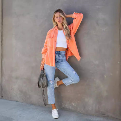 Factory Direct 2025 Fall Europe and America Long Sleeve Denim Jacket Women's Washed Raw Trim Midi Loose Jacket In Stock