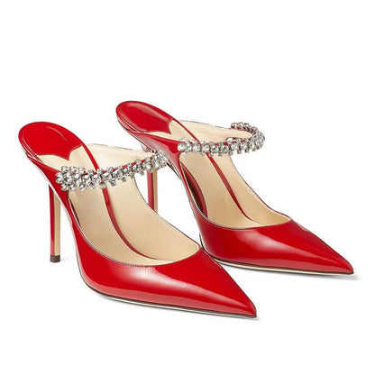 New cross-border European and American one-line strap ultra-high heel sandals, black pointed toe rhinestone heels, pump heels