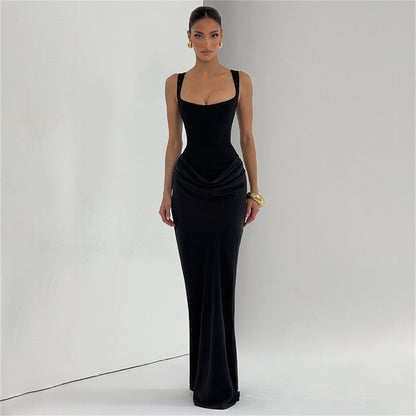 Foreign trade Europe and the United States autumn and winter new women's fashion solid color slim waist folds hip temperament suspender dress women