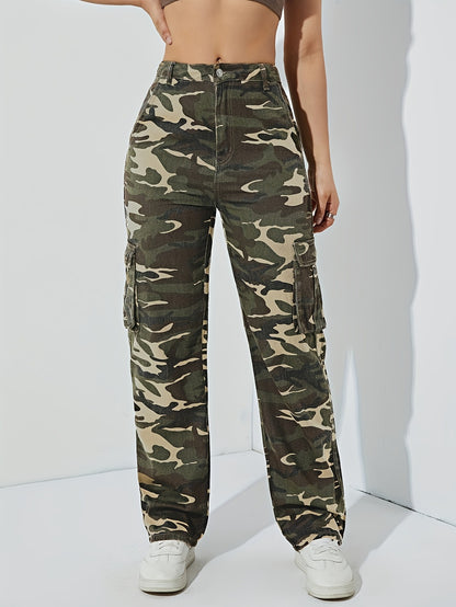 Spring and Autumn new camouflage workwear high-waisted temperament straight denim trousers women's slacks are versatile