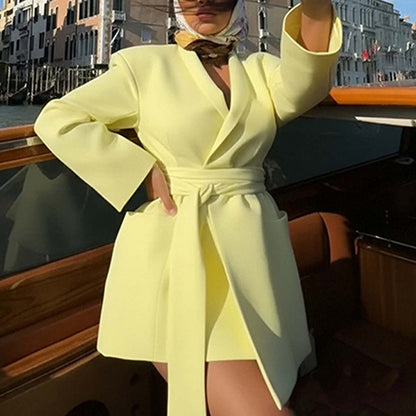 2026 spring new cross-border European and beautiful fashion versatile lapel long sleeve lace-up loose blazer