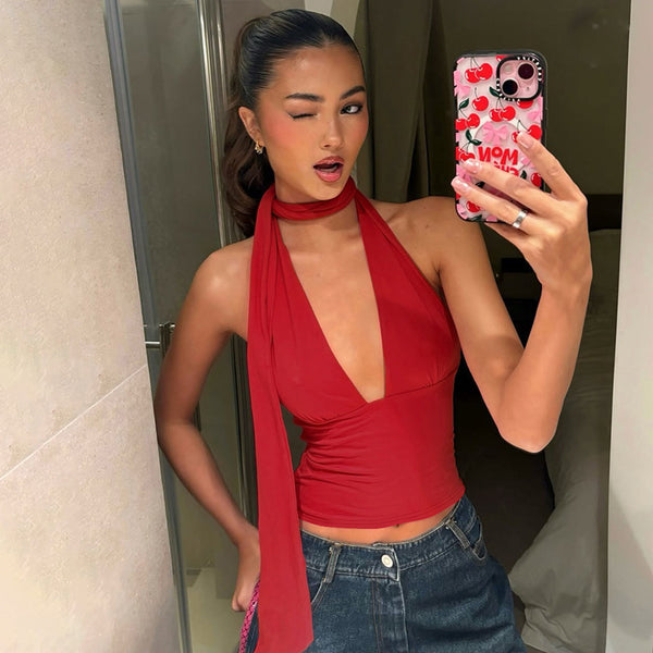 Foreign trade wholesale 2025 summer hot sale European and beautiful clothing neck lace-up sexy deep V backless slim suspender top