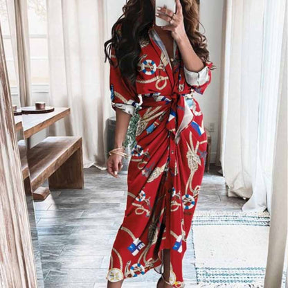 2026 spring new cross-border European and beautiful clothing temperament elegant and sexy print V-neck strap high-waisted dress for women