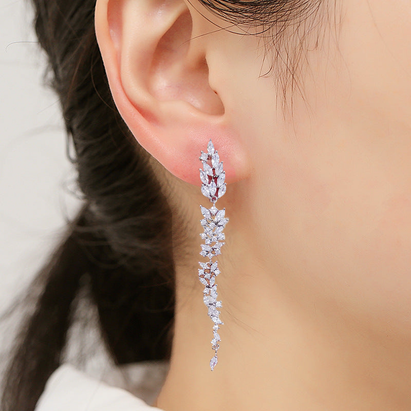 RAKOL original design, elegant temperament, long fringed floral earrings, women's personality, light luxury, slightly inlaid zircon stud earrings