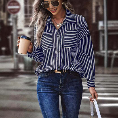 Amazon European and American women's striped shirt with double pockets on the chest, suitable for office wear in spring and autumn
